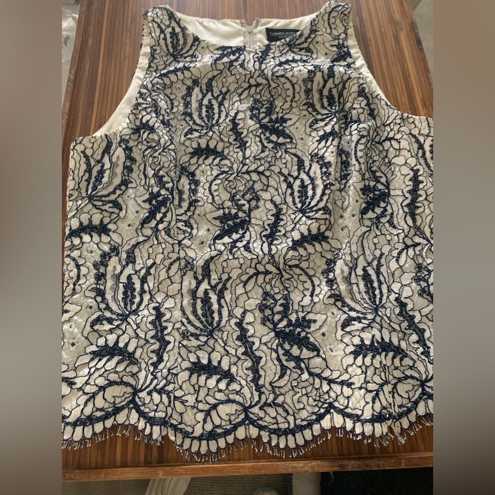 Carmen Marc Valvo Signature Beaded topwith Navy and Ivory Design